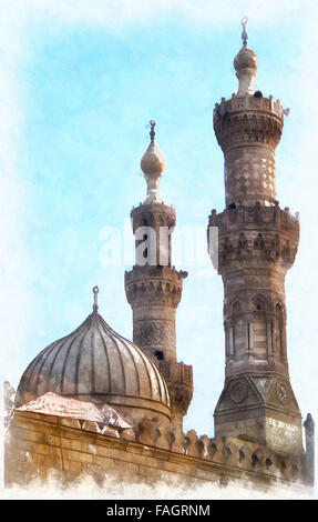 Immagine di dalla moschea di Al Azhar del Cairo in Egitto. Illustrazione ad acquerello. Foto Stock