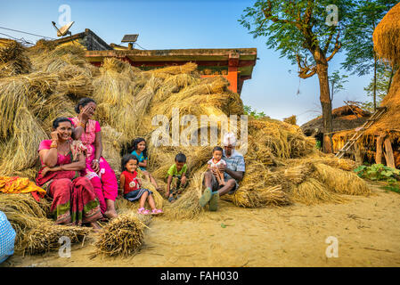 CHITWAN, NEPAL - Ottobre 24, 2015 : famiglia Nepalese relax dopo il raccolto Foto Stock