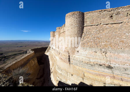 Primo piano del castello. Chinchilla de Monte-Aragon Foto Stock