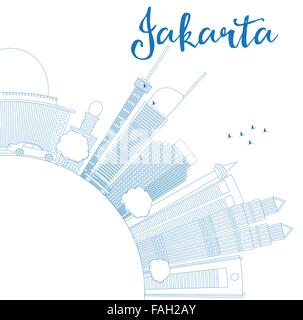 Delineare Jakarta skyline blu con punti di riferimento e copia dello spazio. Illustrazione Vettoriale. Viaggi di affari e turismo concept Illustrazione Vettoriale