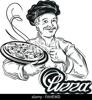 Disegnate a mano dello chef con la pizza in mano su uno sfondo bianco. illustrazione vettoriale Illustrazione Vettoriale