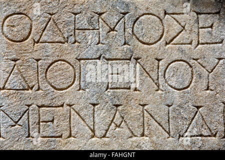 Script sulla lapide, Aphrodisias, Aydin, Turchia Foto Stock