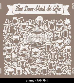 Disegnate a mano Doodle raccolta di caffè. illustrazione vettoriale Illustrazione Vettoriale