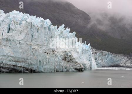 Il costante movimento campo di ghiaccio di Glacier Bay dove si incontra il mare in Alaska, STATI UNITI D'AMERICA Foto Stock