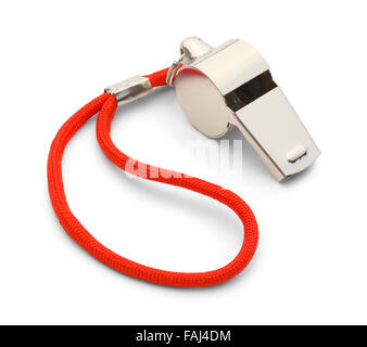 Coach Palestra fischio con cordoncino rosso isolato su sfondo bianco. Foto Stock