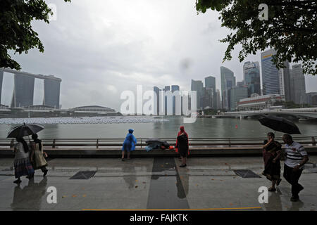 Singapore. 31 Dic, 2015. La gente in attesa per uno spettacolo pirotecnico del 2016 Nuovo anno celebrazione presso la Marina Bay a Singapore, Dic 31, 2015. Singapore terrà il nuovo anno di attività per il conto alla rovescia e di fuochi d'artificio a Singapore il Marina Bay il giovedì. © poi Chih Wey/Xinhua/Alamy Live News Foto Stock