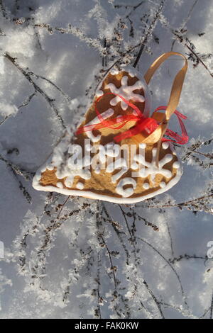Dolce Natale biscotto a forma di cuore sul fiore secco in shine snow Foto Stock
