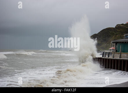 Aberystwyth, Wales, Regno Unito. 31 Dic, 2015. Onde enormi che continuano a colpire il Galles occidentale costa in Aberystwyth. Credito: Trebuchet Fotografia/Alamy Live News Foto Stock