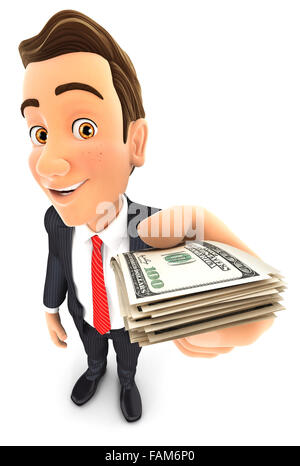 3d imprenditore tenendo un pila di fatture del dollaro, isolato sfondo bianco Foto Stock