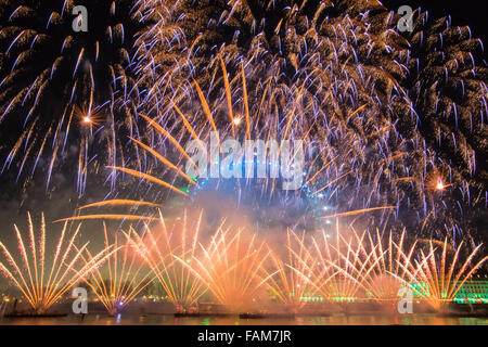 Londra, Regno Unito. 31 Dic, 2015. London accoglie con favore il nuovo anno 2016 con spettacolari fuochi d'artificio sulle rive del fiume Tamigi, guardato da decine di migliaia di persone sulla Victoria Embankment e un pubblico televisivo di milioni di persone. Credito: Paolo Davey/Alamy Live News Foto Stock