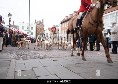 Newark-On-Trent, Regno Unito. 01 gennaio, 2015. Una grande folla si è rivelata il giorno di capodanno mattina per il Sud annuale Notts hunt riunione. Essi si sono radunati in Newarks piazza del mercato prima di partire per il Nottinghamshire campagna. Un manifestante solitario con targhetta frequentato "Laurence Goff" ha messo in scena una protesta pacifica . Credito: Ian Francesco/Alamy Live News Foto Stock