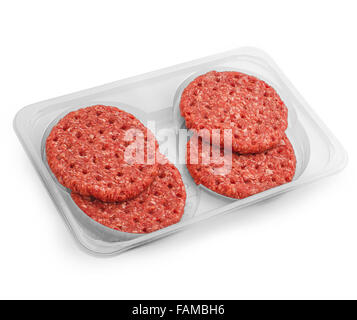 Quattro hamburger freschi fette nel vassoio di imballaggio isolato, vista dall'alto Foto Stock