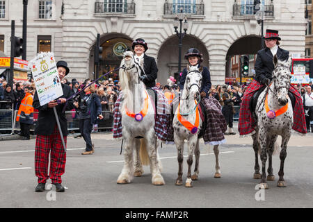 Londra, Regno Unito. Il 1 di gennaio 2016. I partecipanti da 'Tutti i Queen's Horses al trentesimo annuale di Londra il primo giorno del nuovo anno Parade, LNYDP 2016. La sfilata ha più di 8.500 artisti interpreti o esecutori in rappresentanza di 20 paesi in tutto il mondo, compresi Marching Band, cheerleaders, clown, acrobati e i rappresentanti della London Boroughs. Credito: Imageplotter/Alamy Live News Foto Stock