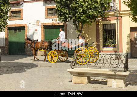 Siviglia, Spain-September 2° 2015: un cavallo e carrozza porta i turisti su un viaggio in giro per la città vecchia. Foto Stock