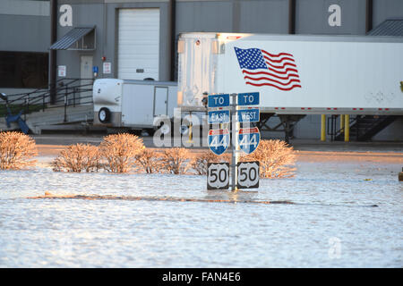 Parco Valle, Missouri, Stati Uniti d'America. Il 1 di gennaio 2016. Le acque di esondazione immergere autostrada segni nel Parco Valle, Missouri Credito: Gino's immagini Premium/Alamy Live News Foto Stock