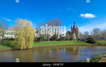 Bellissimo albero di salice e porta medievale riflesso in un canale di Zwolle, Paesi Bassi Foto Stock