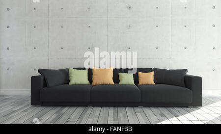 Panno nero divano con parete di cemento e parquet in legno come arredamento in stile loft, sfondo, modello di progettazione 3D rendering Foto Stock