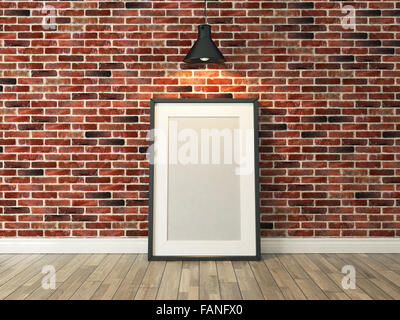Cornice immagine in rosso di un muro di mattoni e pavimento in legno sotto la luce spot per foto, sfondo, modello, il rendering di pubblicità Foto Stock
