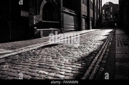 Sentiero acciottolato attraverso Belfast's Cathedral Quarter eseguita in bianco e nero Foto Stock