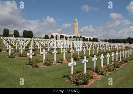 Vista generale oltre il francese Cimitero Nazionale di fronte all'Ossario Douaumont, vicino a Fort Douaumont, vicino a Verdun, Francia. Foto Stock