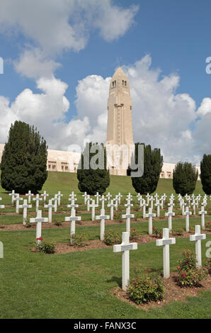 Vista generale oltre il francese Cimitero Nazionale di fronte all'Ossario Douaumont, vicino a Fort Douaumont, vicino a Verdun, Francia. Foto Stock