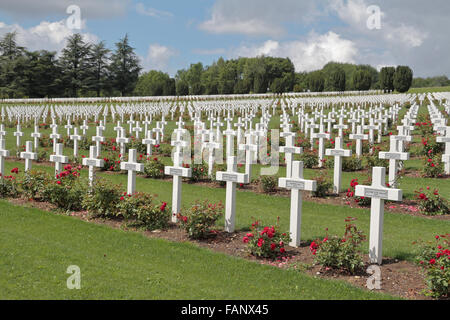 Vista generale oltre il francese Cimitero Nazionale di fronte all'Ossario Douaumont, vicino a Fort Douaumont, vicino a Verdun, Francia. Foto Stock