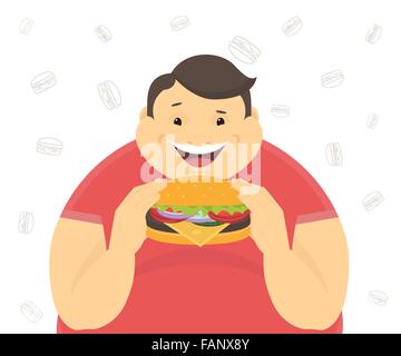 Felice uomo grasso mangiare un Big hamburger Illustrazione Vettoriale