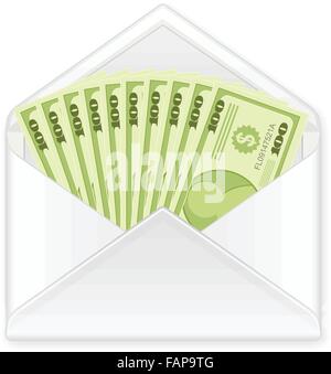 Aprire la busta contenente le banconote di dollari su uno sfondo bianco. Illustrazione Vettoriale. Illustrazione Vettoriale