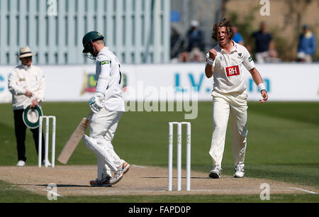 FILE DI FOTO: Hove, East Sussex, Regno Unito. Il 22 aprile, 2015. Il Sussex Matteo Hobden festeggia il licenziamento di Alexei Kervezee durante la contea di LV gara di campionato tra Sussex e Worcestershire al brightonandhovejobs.com county ground a Hove. Aprile 22, 2015. Credito: James Boardman/Alamy Live News Foto Stock