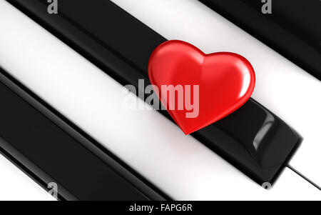 3D render di cuori rossi su tasti di pianoforte Foto Stock