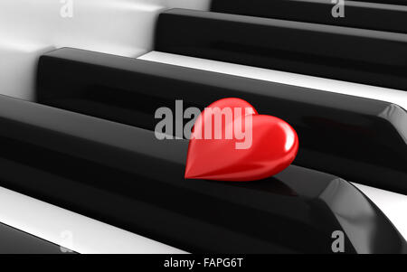 3D render di cuori rossi su tasti di pianoforte Foto Stock