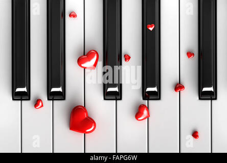 3D render di cuori rossi su tasti di pianoforte Foto Stock