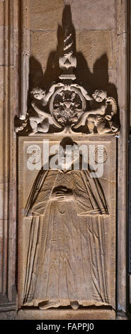 Lapide, effigie funerarie, all'ingresso della Cattedrale di San Giovanni Battista a Ostrów Tumski a Breslavia, bassa Slesia, Polonia Foto Stock