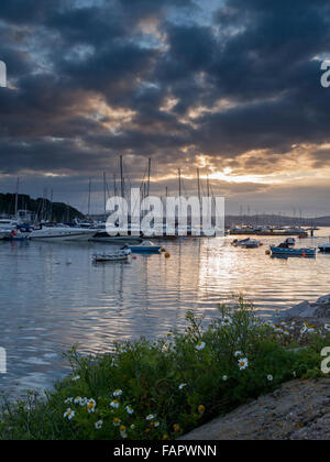 Barche ormeggiate nel porto di Brixham, Devon, contro il sole di setting Foto Stock