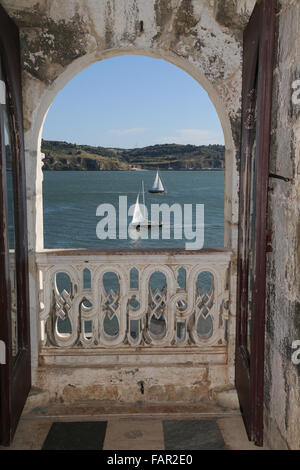 Dettagli della torre fortificata di Belem a Lisbona, Portogallo Foto Stock