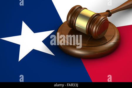 Texas noi lo stato di diritto, codice, del sistema giudiziario e di giustizia concetto con un 3D rendering di un martello sulla bandiera texano sullo sfondo. Foto Stock