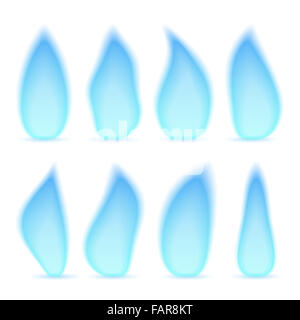 Gas blu fiamma, diverse forme, isolato su sfondo bianco Foto Stock
