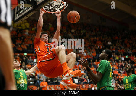 Corvallis, Oregon, Stati Uniti d'America. 3 gennaio, 2015. DREW EUBANKS (12) schiacciate la palla. Oregon State castori host della University of Oregon Ducks a Gill Colosseo in Corvallis, o su Janurary 3rd, 2016. Foto di David Blair Credito: David Blair/ZUMA filo/Alamy Live News Foto Stock