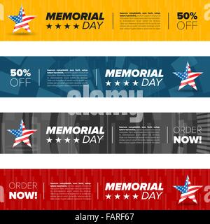 Orizzontale di memorial day set di banner con icone e testo campione Illustrazione Vettoriale