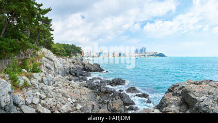 Trekking lungo la costa di Isola Dongbaek in Busan. Si trova vicino alla Spiaggia di Haeundae. Foto Stock