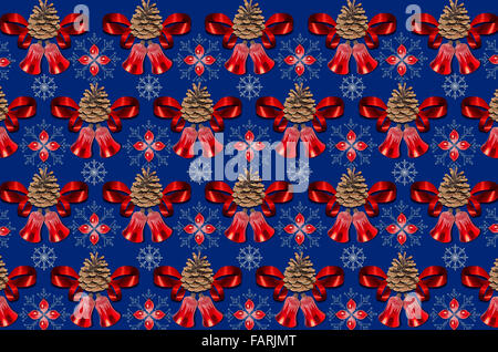 Motley sfondo blu scuro con campane, pigne e archetti in rosso Foto Stock