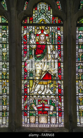 Colorata finestra in vetro di piombo presso la cattedrale di Exeter, Devon, Inghilterra, Regno Unito Foto Stock