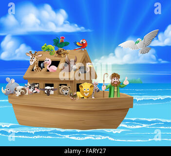 Fumetto illustrazione per bambini della Bibbia cristiana storia di Noè e la sua arca con la colomba bianca di ritornare con il reggiseno di oliva Foto Stock