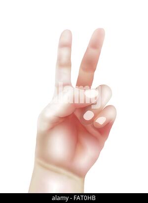 Disegno a mano della persona che mostra la mano Iscriviti in aria per la vittoria attuale segno, segno di pace o un numero due Foto Stock