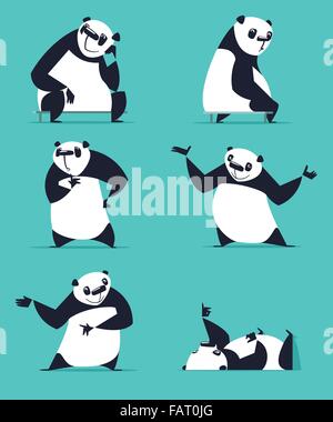 Set di Panda in pose diverse. Seduta, sognare, pensando che mostra, giacente, invitando, girando. Ogni Panda è in uno strato separato. Illustrazione Vettoriale