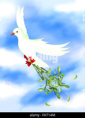 White piccioni volare nel cielo e portando un mazzo di vischio e bacche di colore bianco con un Natale nastro rosso, per Natale Foto Stock