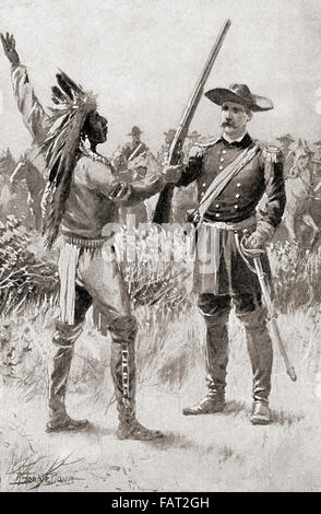 Hin-mah-troppo-yah-lat-kekt o Hinmatóowyalahtq̓it si arrende al generale Nelson Appleton Miles il 5 ottobre 1877, terminando così il Nez Perce guerra. Chief Joseph o giovane Giuseppe, 1840 - 1904. Leader della Wal-lam-wat-kain (Wallowa) banda dei Nez Perce, una tribù americana natale. Nelson Appleton Miles, 1839 - 1925. Stati Uniti soldato. Foto Stock