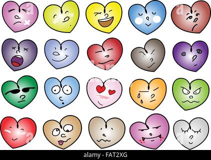 Concetti di amore, una illustrazione Set di multi colori cuore Icone e simboli con diverse emozioni facciali isolate su un fondo bianco Illustrazione Vettoriale