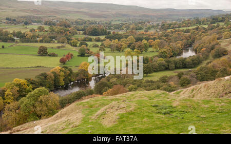 Una vista panoramica del Fiume Tees vicino a Middleton in Teesdale con il colore di autunno alberi e prati erbosi Foto Stock