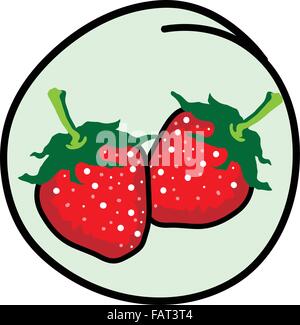 Frutta fresca, un cartoon illustrazione di fresche e mature di fragole rosso con foglie verdi di fragole in luce cerchio verde Fram Illustrazione Vettoriale